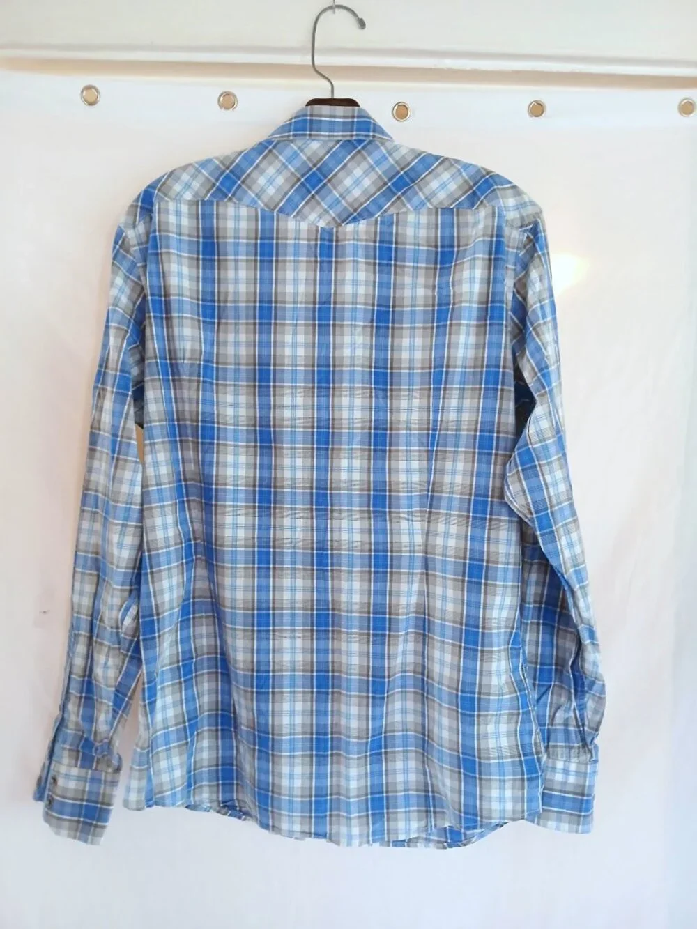 Banana Republic Blue Plaid Pearl Snap Shirt M Western Slim Fit Cowboy Ranch